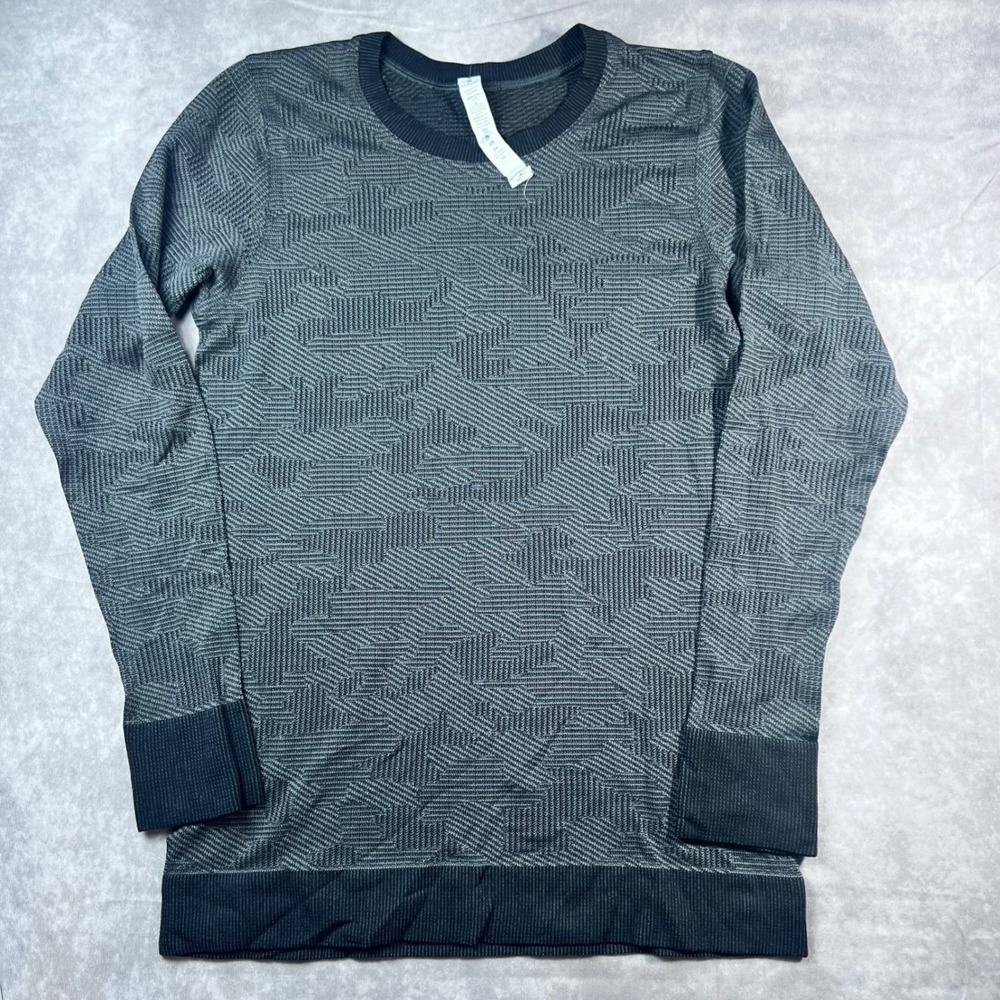Lululemon Rest Less Pullover Women 4 Grey Black Geometric Jacquard Long Sleeve